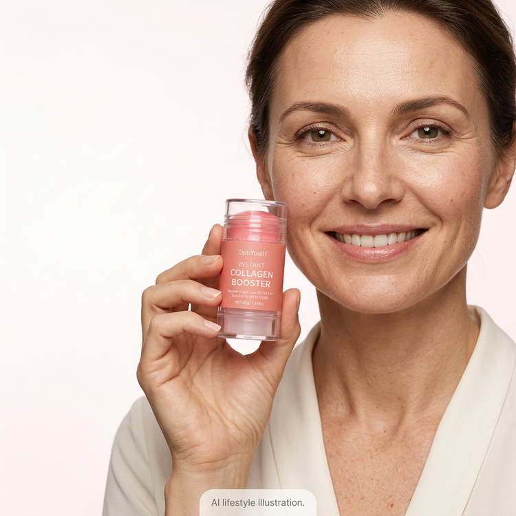 AI lifestyle illustration of an adult woman holding the capped OptiYouth Jelly Stick beside her face. Not a depiction of product results.