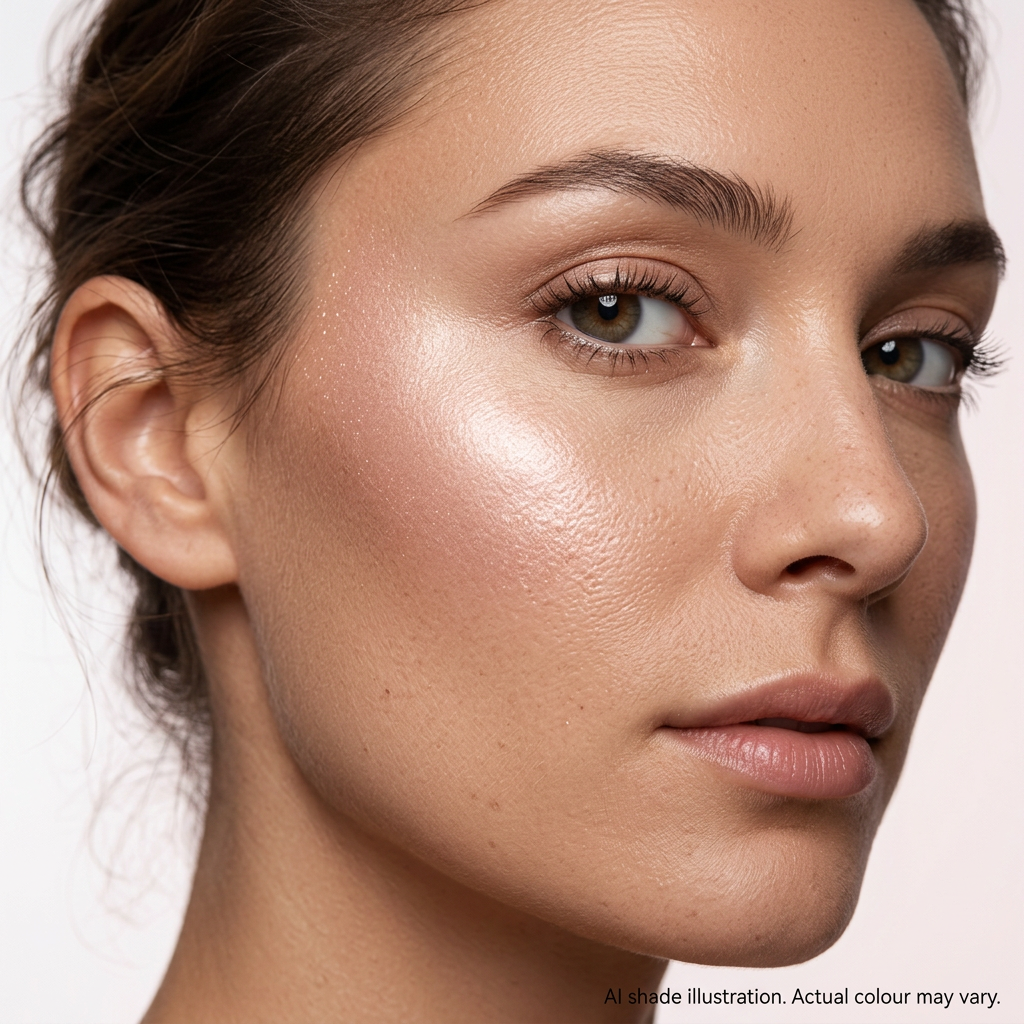 Pink-tone highlighter on cheek. AI shade illustration, actual colour may vary.