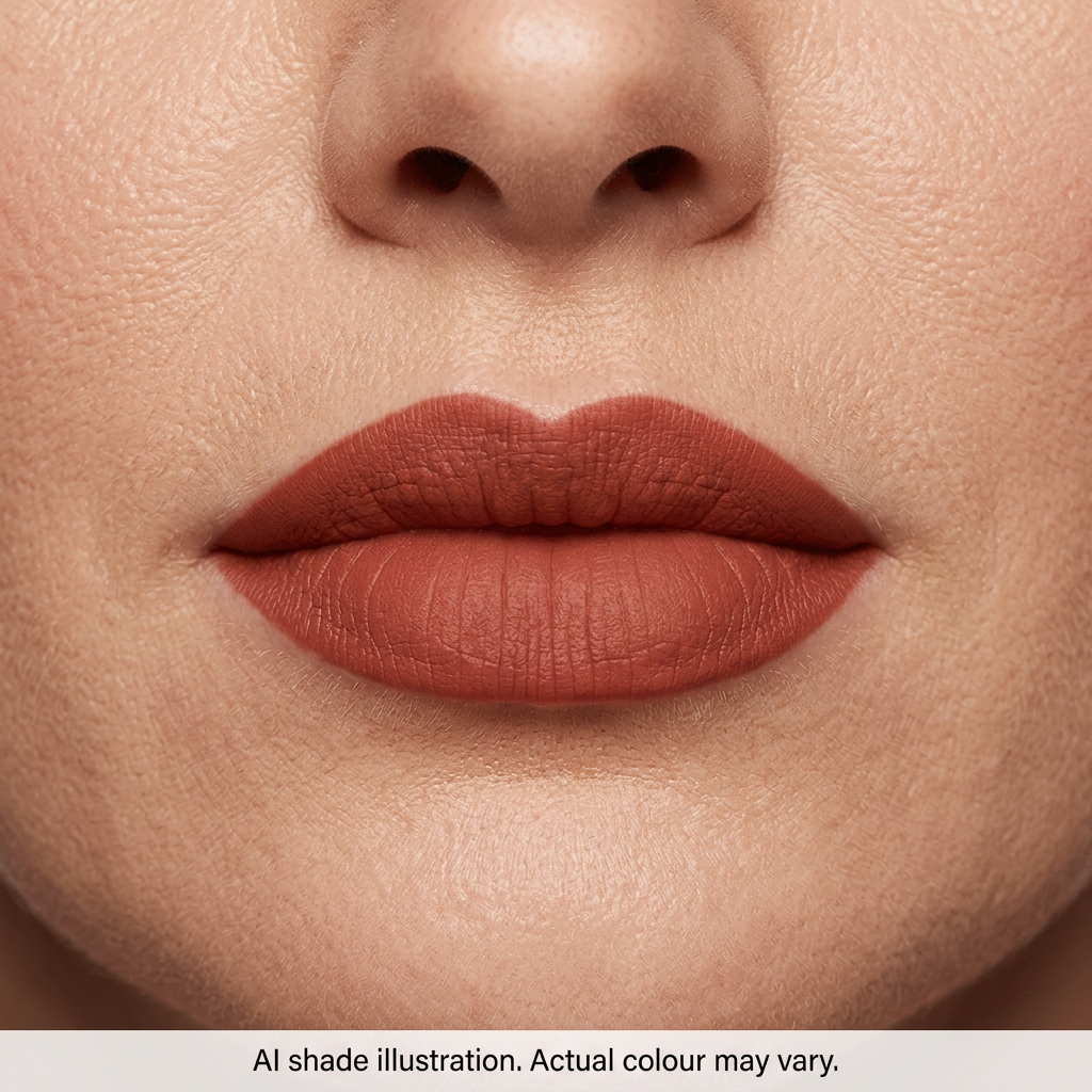 Brick red matte lipstick on lips. AI shade illustration, actual colour may vary.