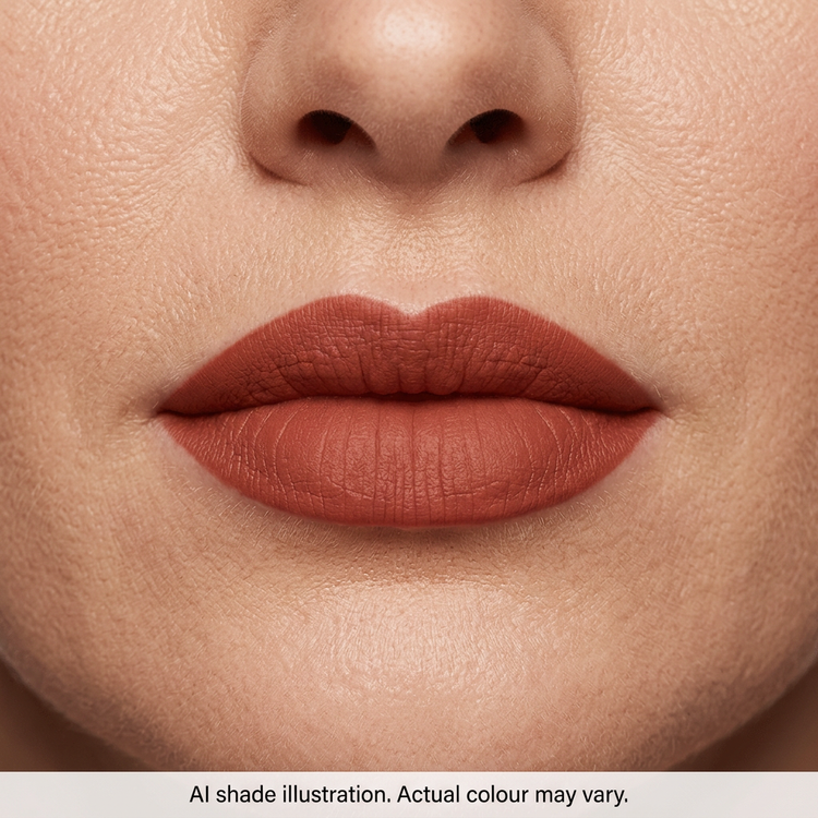 Brick red matte lipstick on lips. AI shade illustration, actual colour may vary.