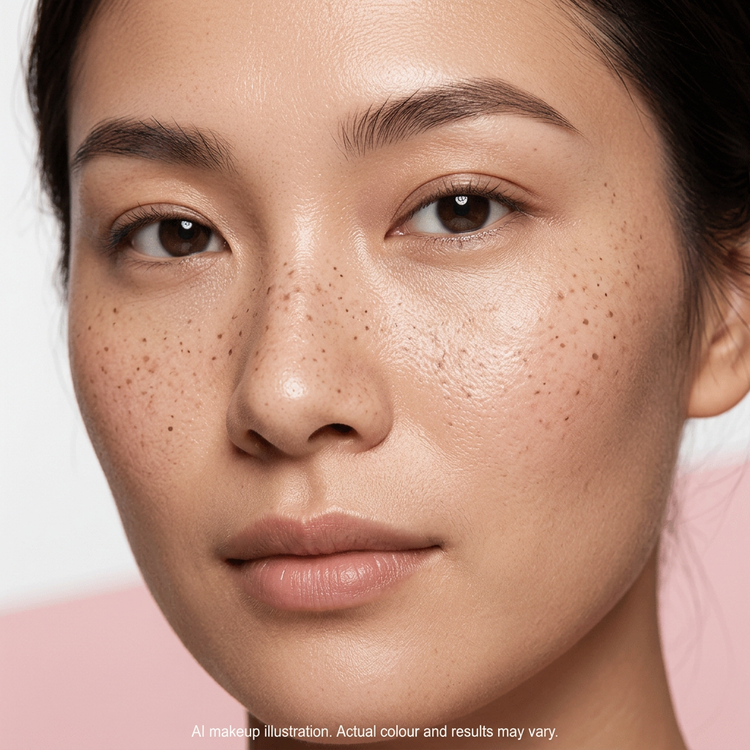 AI makeup illustration of softly dotted faux freckles across nose and cheeks. Actual colour and results may vary.