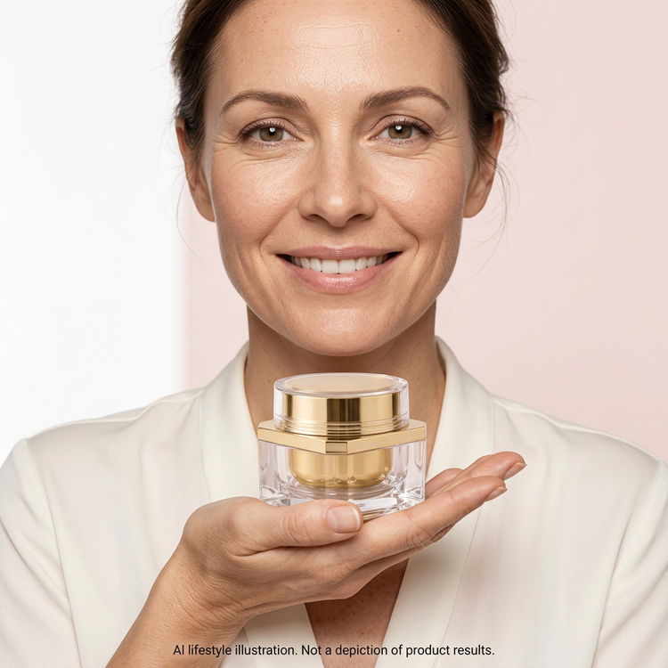 AI lifestyle illustration of an adult woman holding the closed clear-and-gold OptiYouth moisturizer jar. Not a depiction of product results.