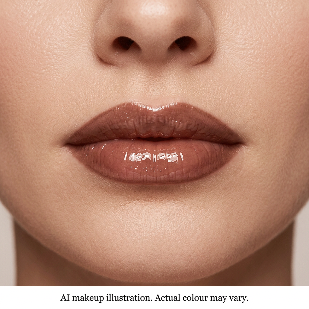 Chocolate lip oil and pencil look on lips. AI makeup illustration, actual colour may vary.