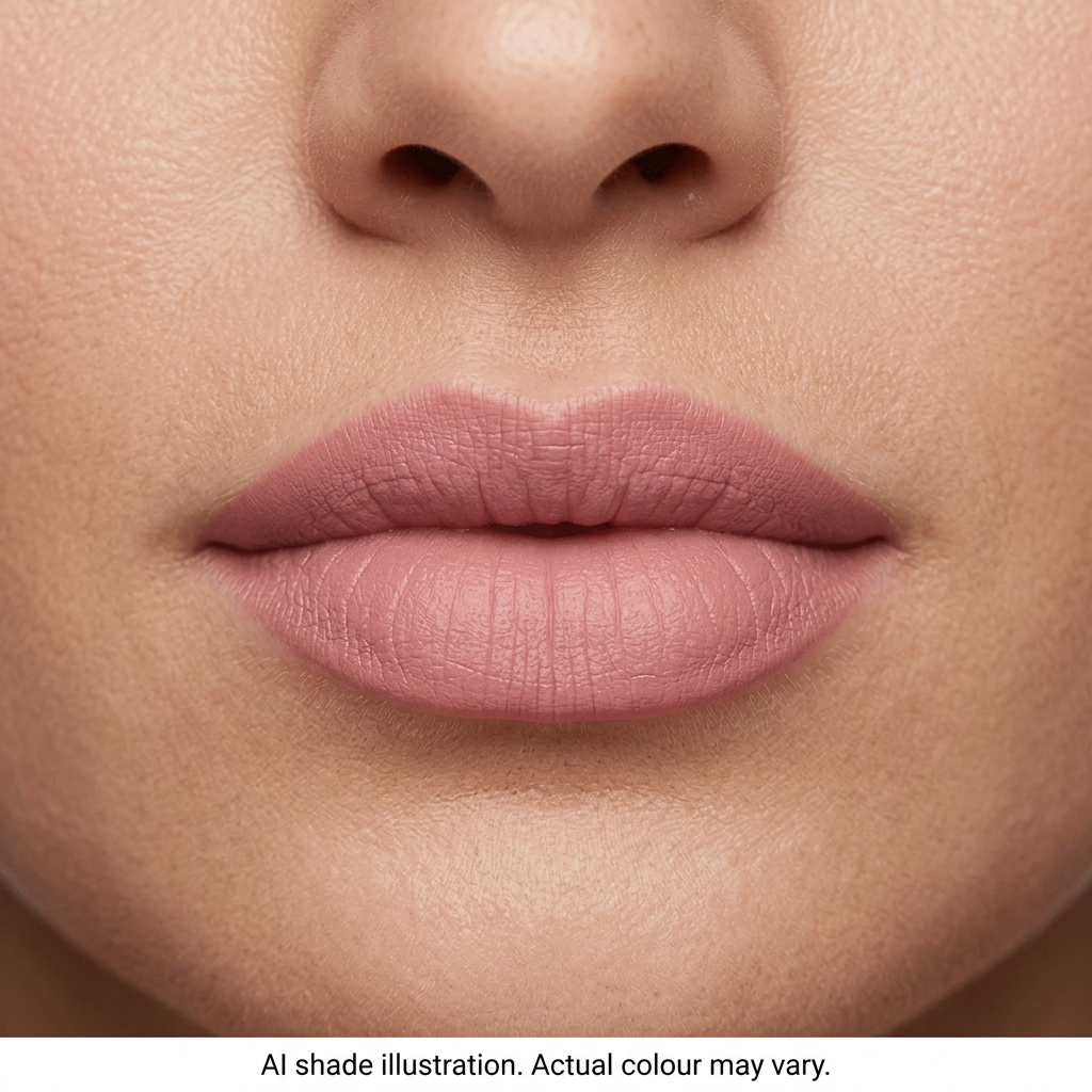 Dusty pink matte lipstick on lips. AI shade illustration, actual colour may vary.