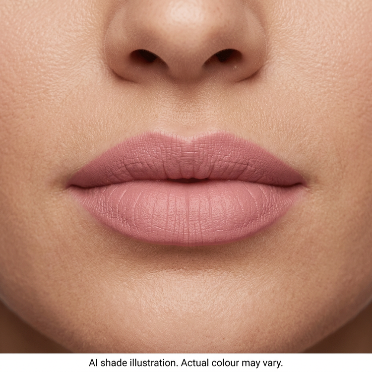 Dusty pink matte lipstick on lips. AI shade illustration, actual colour may vary.