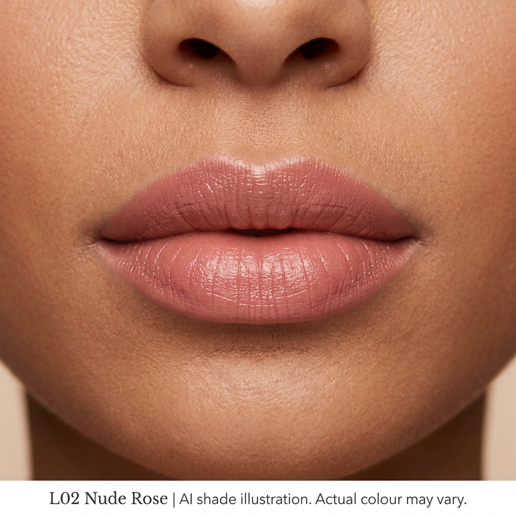 L02 Nude Rose on lips, AI shade illustration. Actual colour may vary.