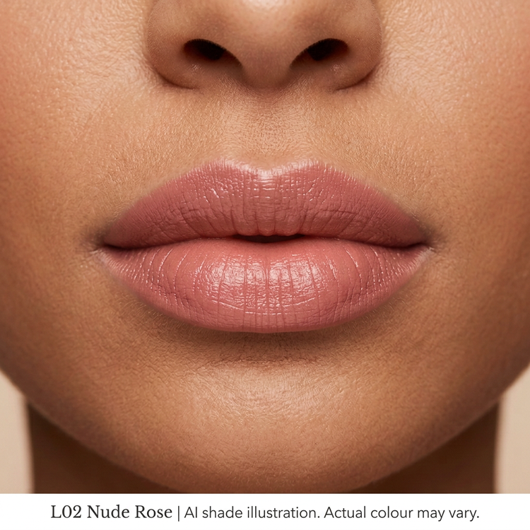 L02 Nude Rose on lips, AI shade illustration. Actual colour may vary.