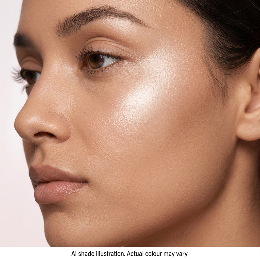 Pearl-tone highlighter on cheek. AI shade illustration, actual colour may vary.