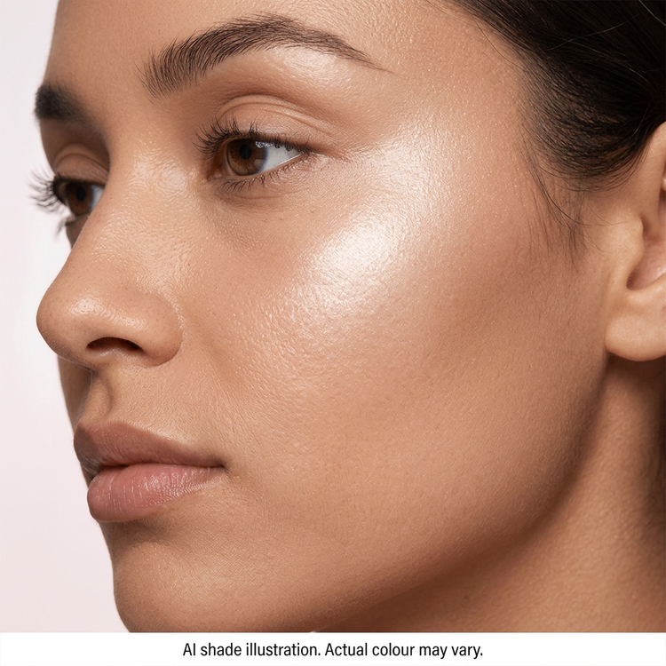 Pearl-tone highlighter on cheek. AI shade illustration, actual colour may vary.