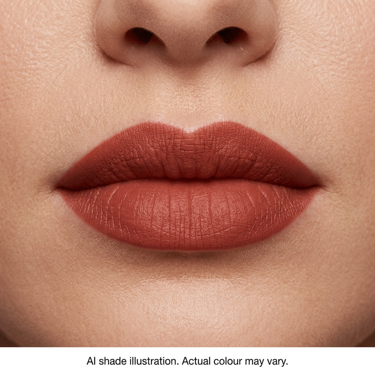 Terracotta red matte lipstick on lips. AI shade illustration, actual colour may vary.