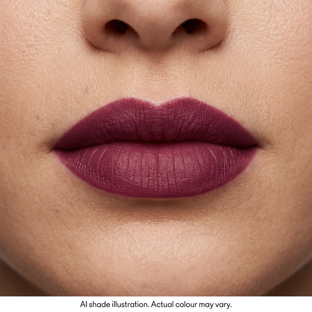 Deep berry matte lipstick on lips. AI shade illustration, actual colour may vary.