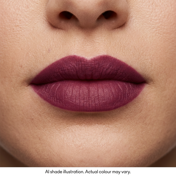 Deep berry matte lipstick on lips. AI shade illustration, actual colour may vary.