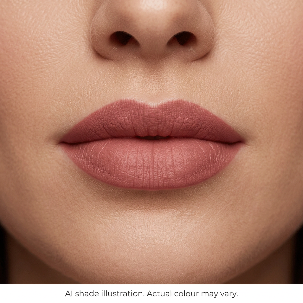 Warm rose matte lipstick on lips. AI shade illustration, actual colour may vary.