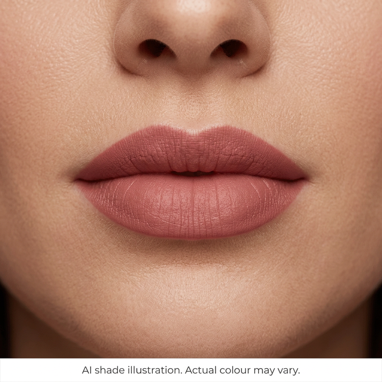 Warm rose matte lipstick on lips. AI shade illustration, actual colour may vary.