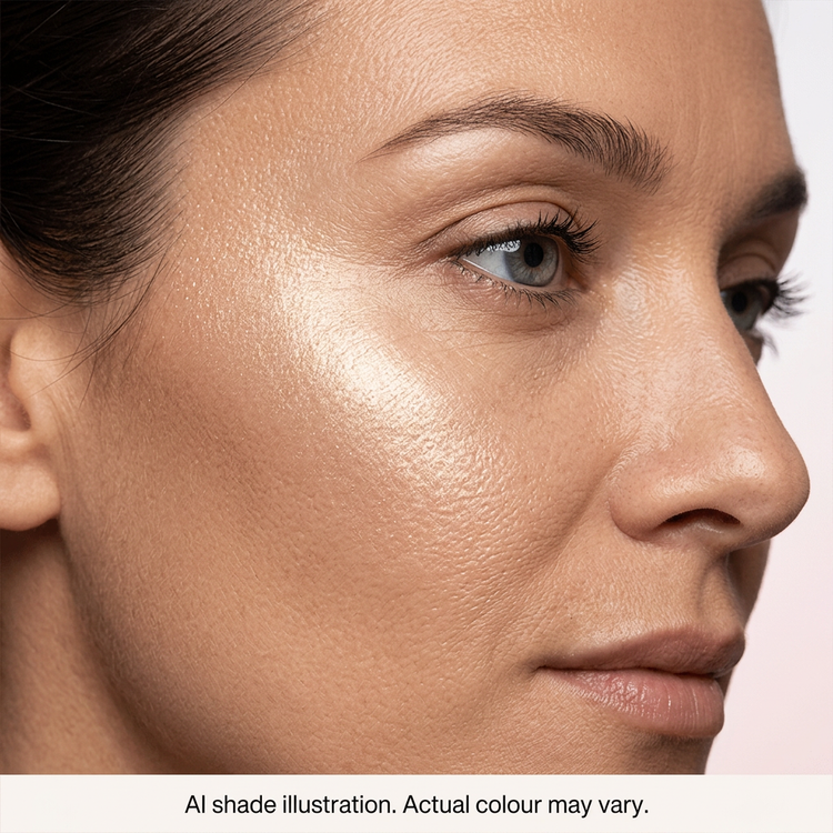Warm bronze-tone highlighter on cheek. AI shade illustration, actual colour may vary.