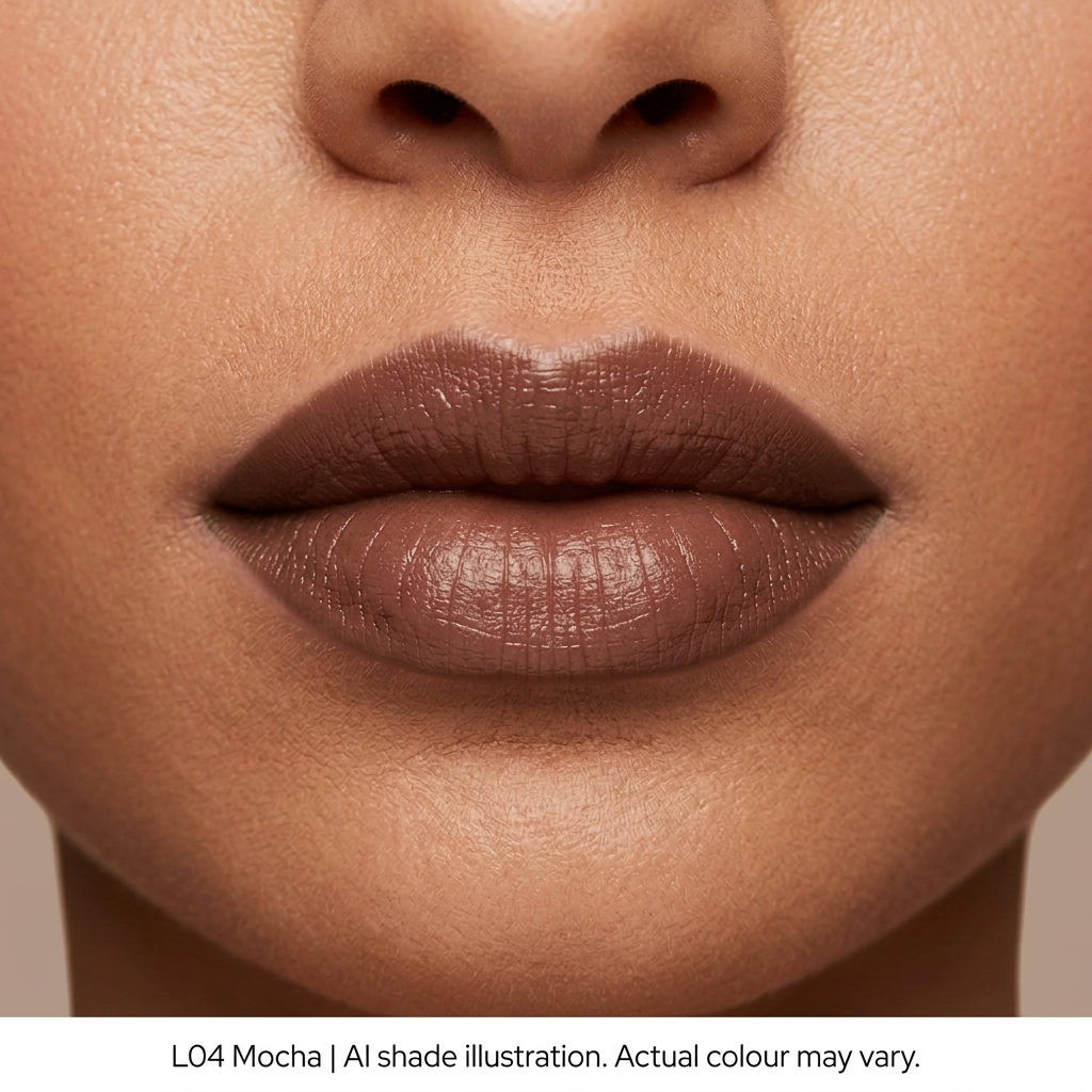 L04 Mocha on lips, AI shade illustration. Actual colour may vary.