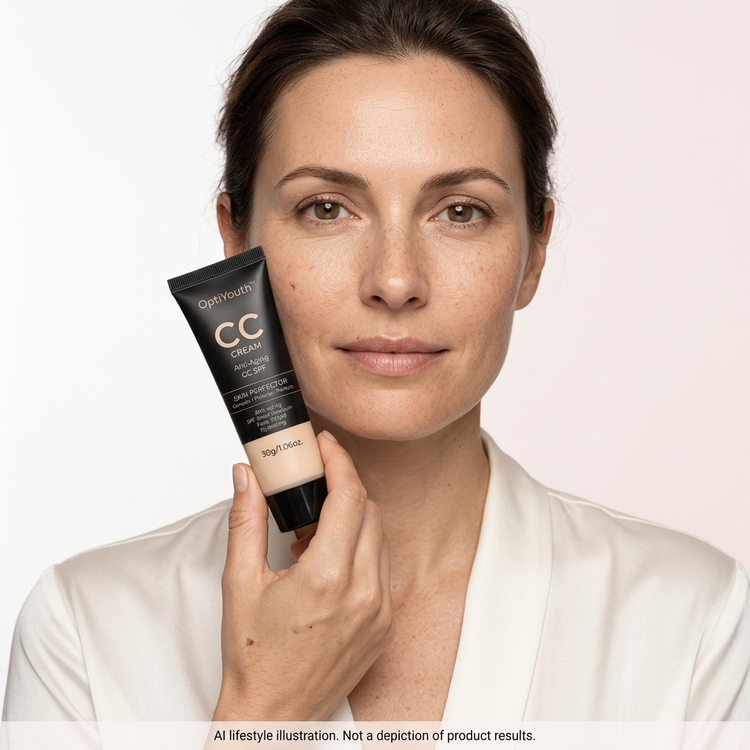 AI lifestyle illustration of an adult woman holding the capped black-and-beige OptiYouth CC Cream tube. Not a depiction of product results.
