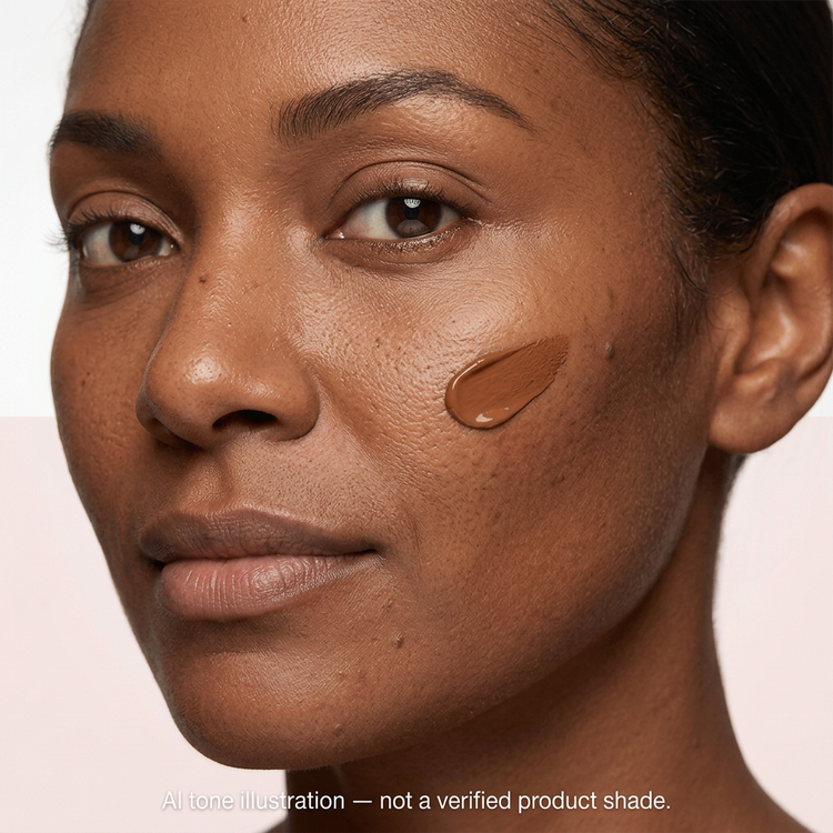Deeper brown concealer dab on cheek. AI tone illustration, not a verified product shade.