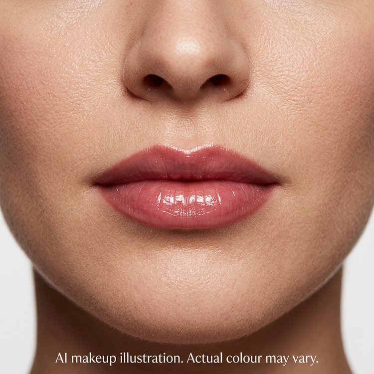 Raspberry lip oil and pencil look on lips. AI makeup illustration, actual colour may vary.