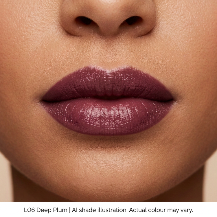 L06 Deep Plum on lips, AI shade illustration. Actual colour may vary.