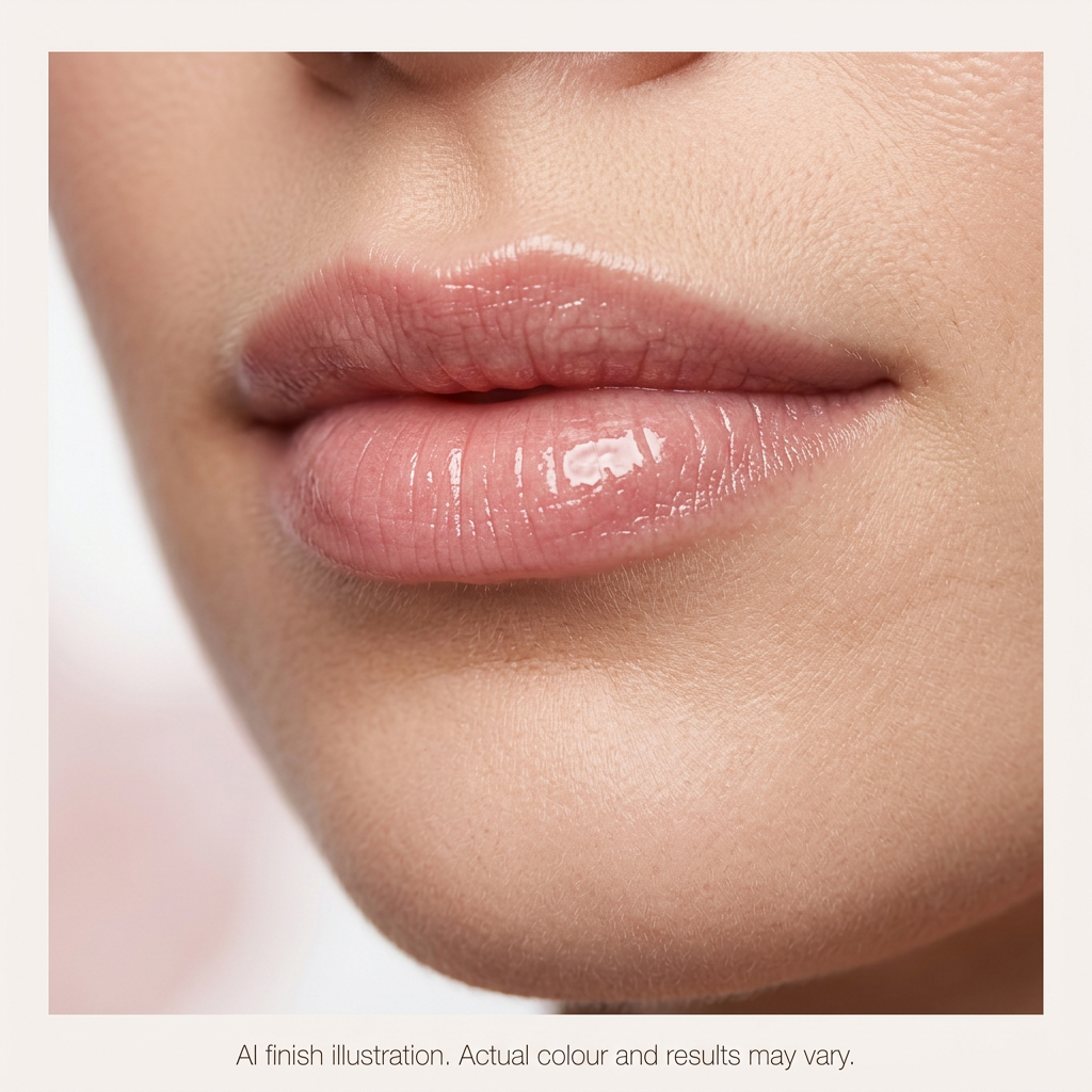 AI illustration of sheer lip-oil gloss on natural rose lips. Actual colour and results may vary.