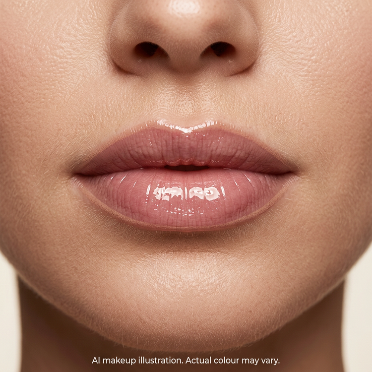 Clear lip oil and nude pencil look on lips. AI makeup illustration, actual colour may vary.