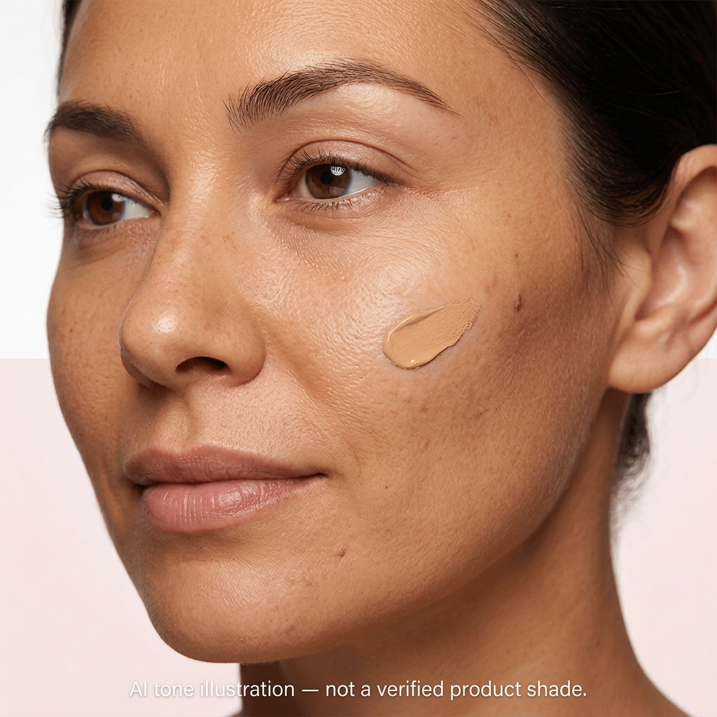 Medium beige concealer dab on cheek. AI tone illustration, not a verified product shade.