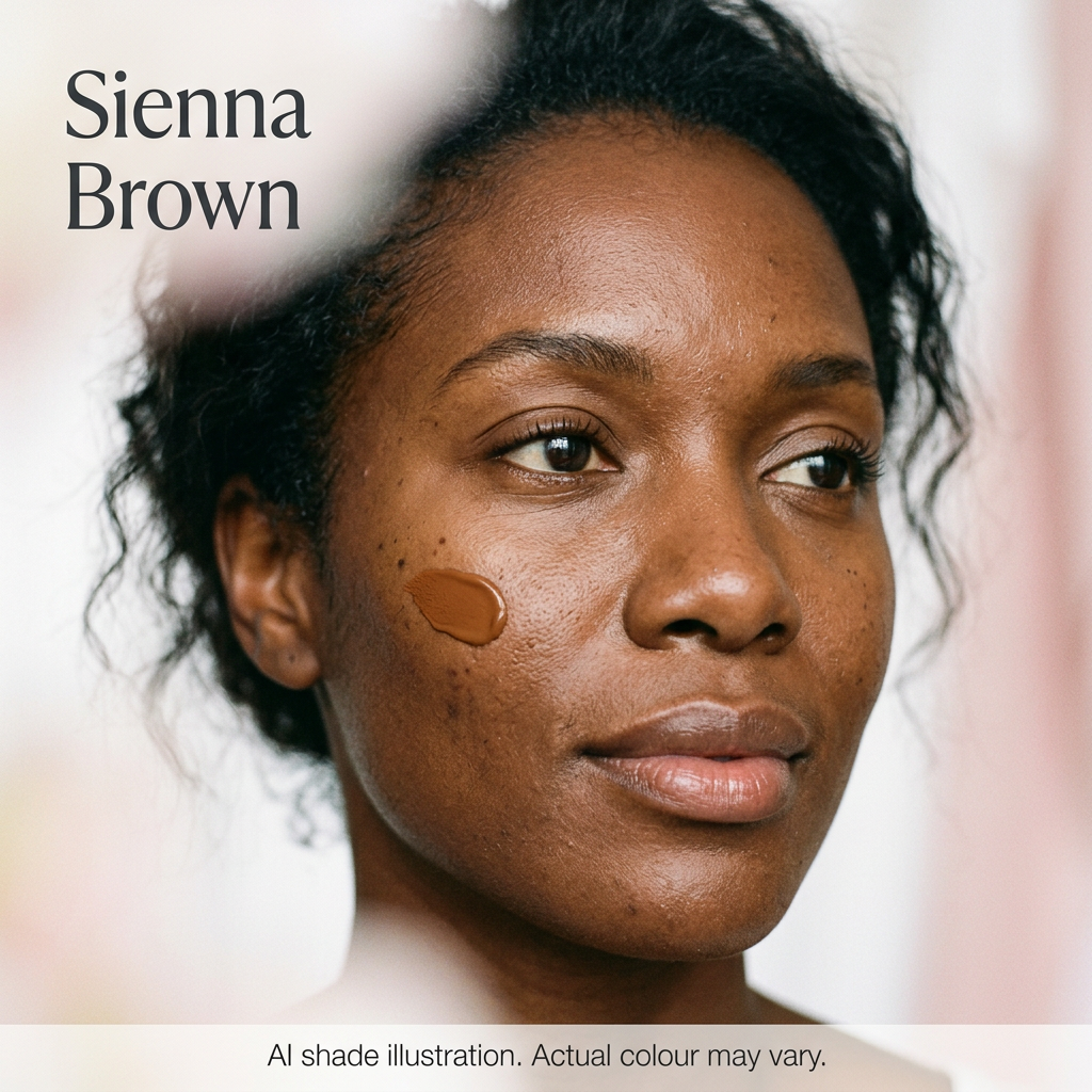 Sienna Brown foundation application concept. AI shade illustration, actual colour may vary.