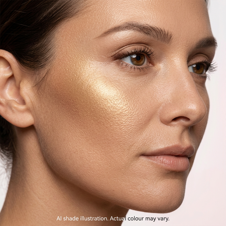 Gold-tone highlighter on cheek. AI shade illustration, actual colour may vary.