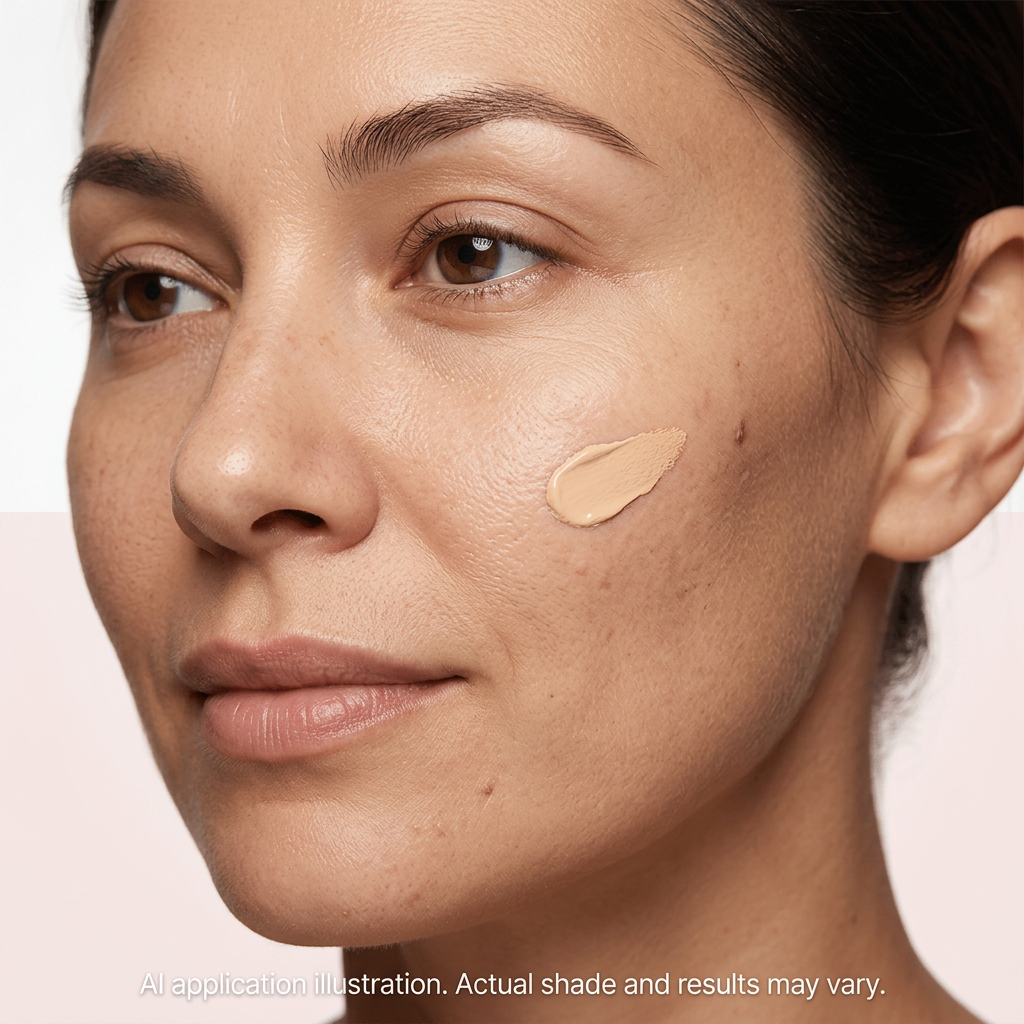 AI application illustration of beige concealer cream dab on cheek with natural skin texture. Actual shade and results may vary.