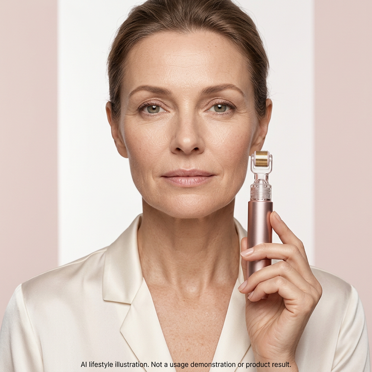 AI lifestyle illustration of an adult woman holding the pink OptiYouth Lip Booster beside her face without skin contact. Not a usage demonstration or product result.