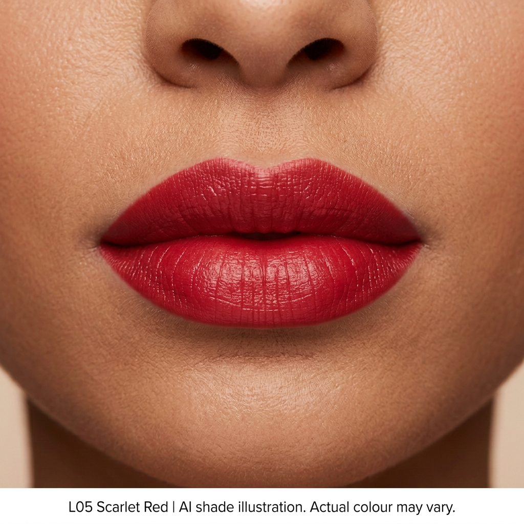 L05 Scarlet Red on lips, AI shade illustration. Actual colour may vary.