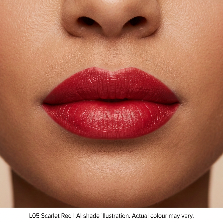 L05 Scarlet Red on lips, AI shade illustration. Actual colour may vary.
