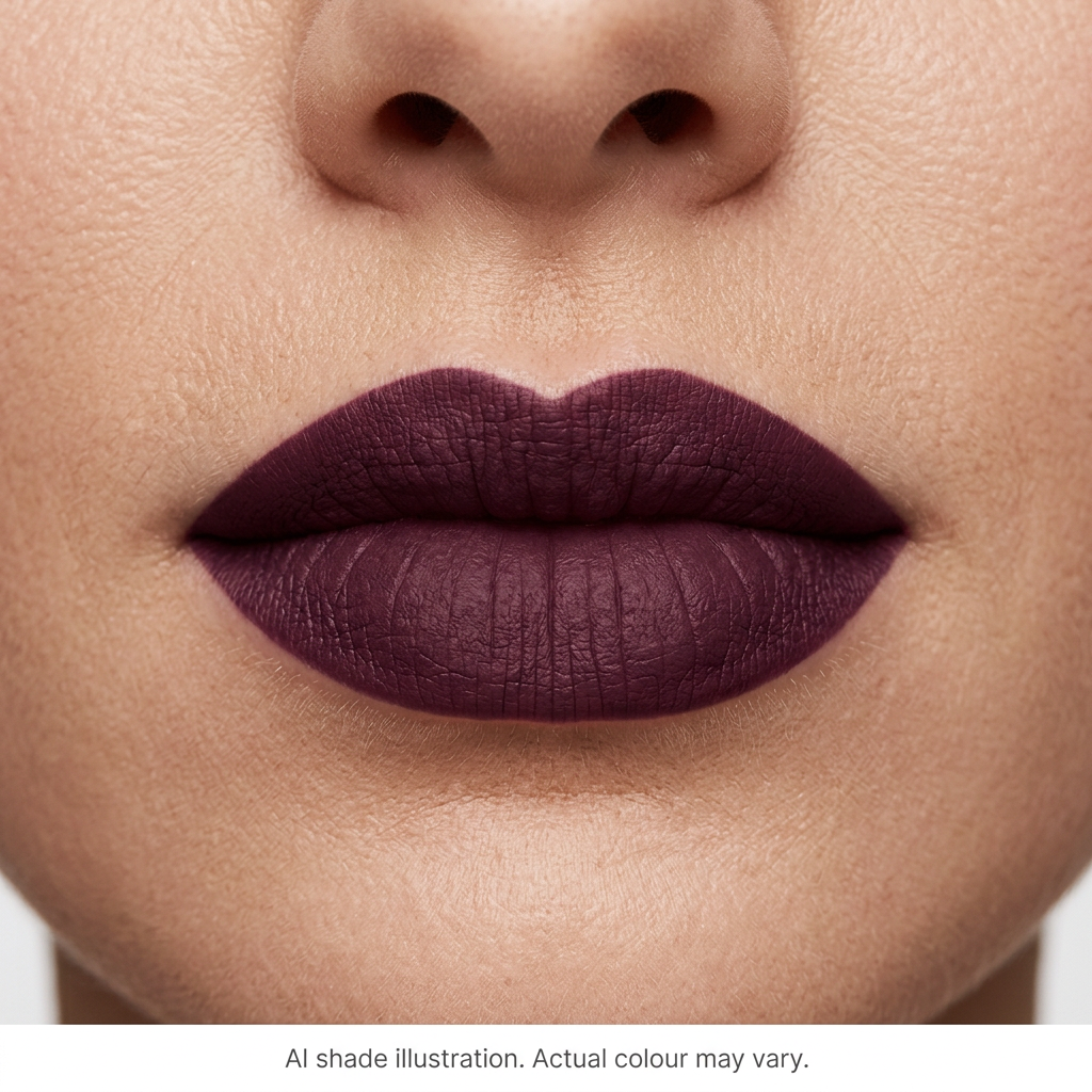 Dark plum matte lipstick on lips. AI shade illustration, actual colour may vary.
