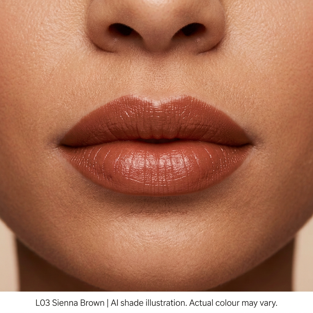 L03 Sienna Brown on lips, AI shade illustration. Actual colour may vary.