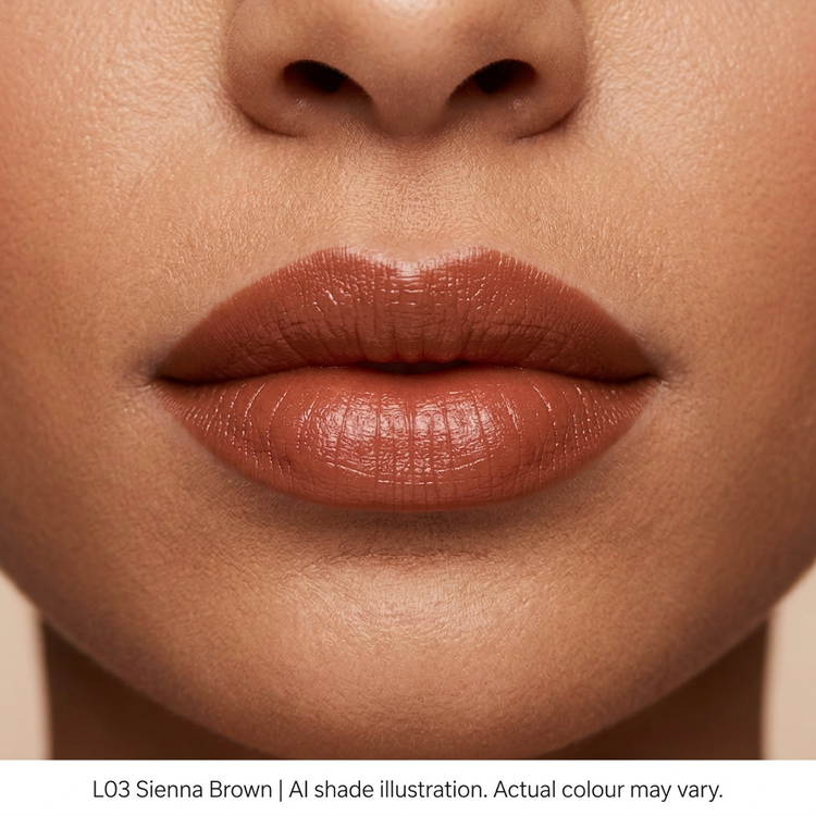 L03 Sienna Brown on lips, AI shade illustration. Actual colour may vary.